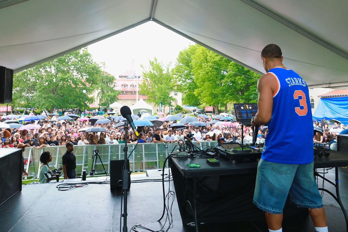 From behind the decks, facing the Queens College crowd